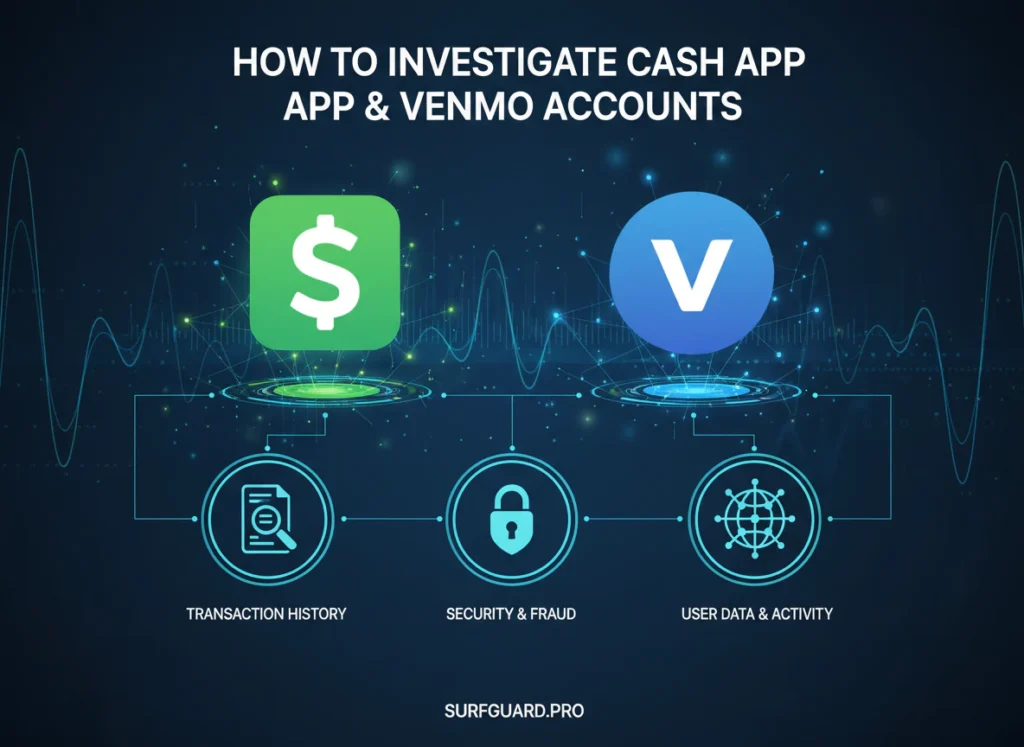 A computer screen showing Cash App and Venmo Accounts investigation methods with cashtag search and public feed audit results.