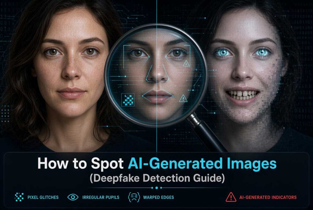 How to Spot AI-Generated Images. Side-by-side comparison of real human skin texture versus AI-generated glazed skin texture