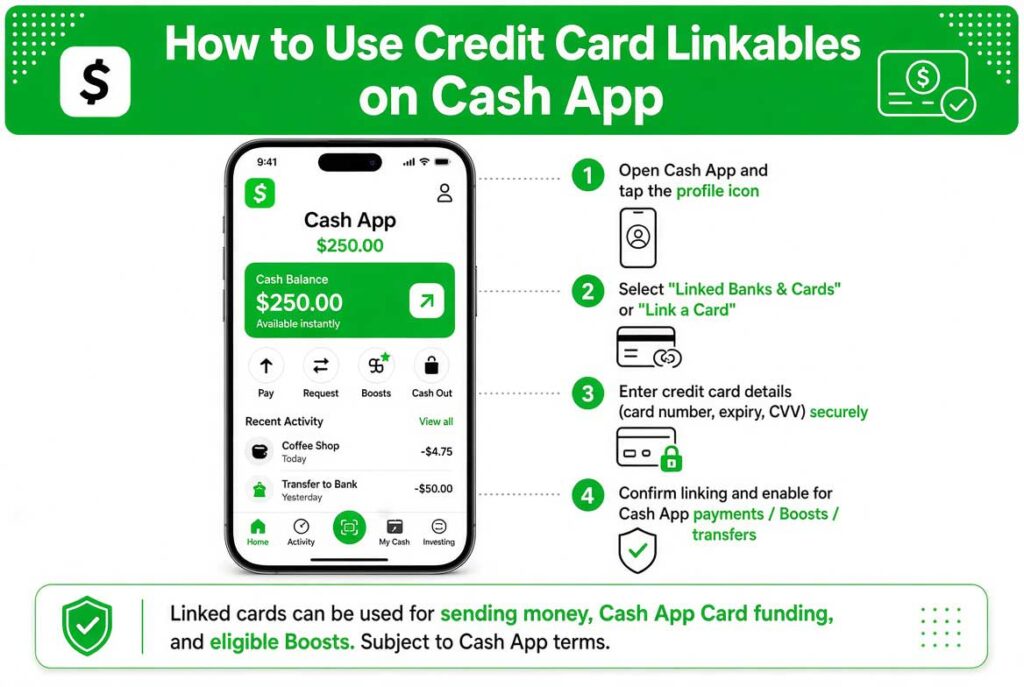 How to use credit card linkables on Cash App, PayPal and Apple Pay showing three platform icons with a credit card and connection lines.