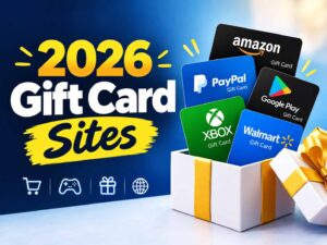 2026 cardable gift card sites stack. Stack of gift cards from major retailers including Walmart, Amazon, Starbucks, and Best Buy arranged in a fan pattern with digital grid background