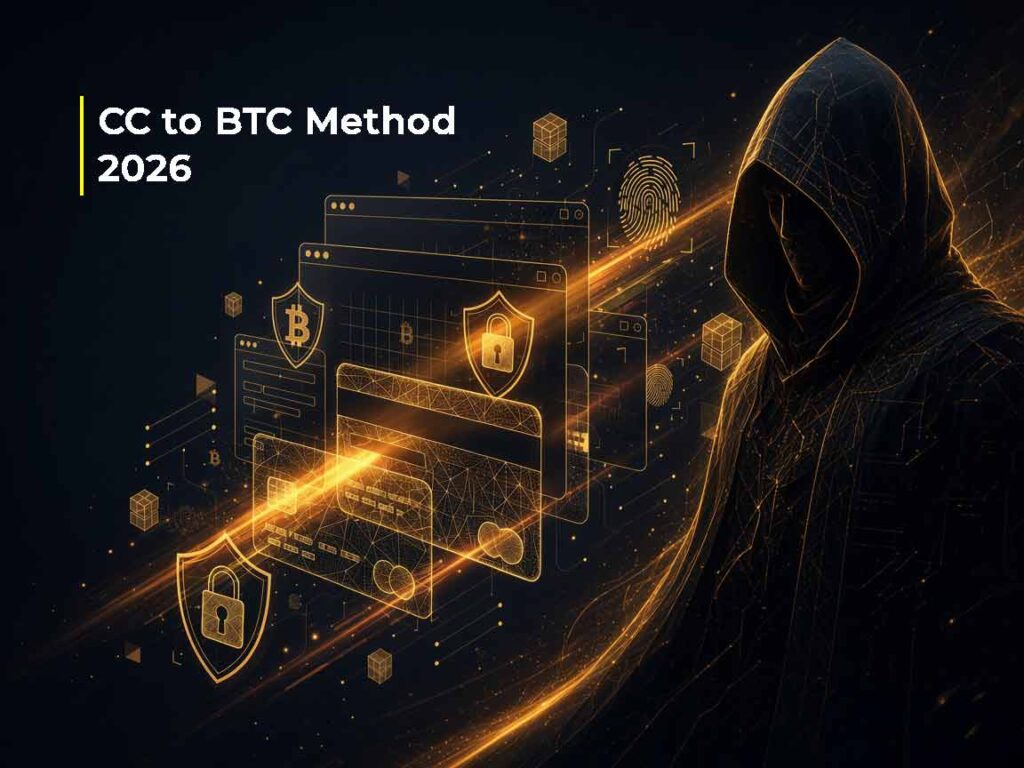 CC to BTC method 2026 diagram showing credit card to Bitcoin conversion process with arrow