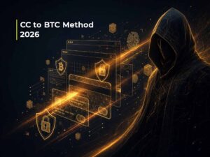 CC to BTC method 2026 diagram showing credit card to Bitcoin conversion process with arrow